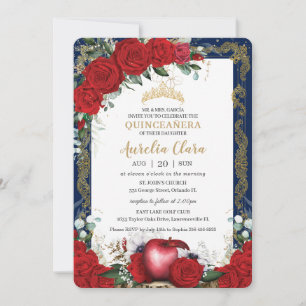 Invitación Quinceañera Rojo Roses Floral Nieve Blanca Oro