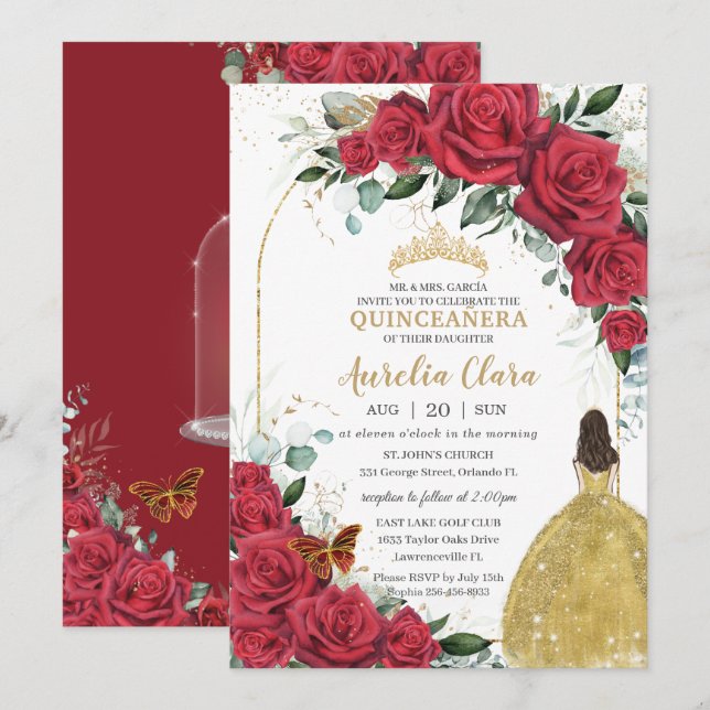 Invitación Quinceañera Rojo Roses Floral Princesa Vestido Ama (Anverso / Reverso)