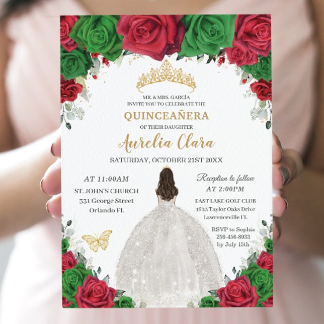 Invitación Quinceañera Rojo Verde Floral Princesa Blanco Vest (Subido por el creador)
