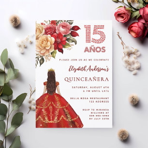Invitación Quinceanera rojo vestido de oro florines rosas bla