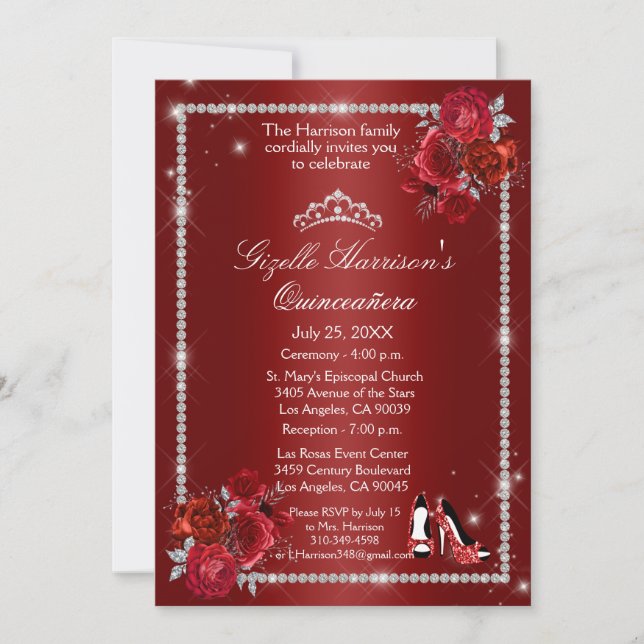 Invitación Quinceanera Rojo y Plata Floral Elegante (Anverso)