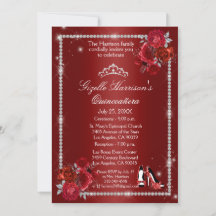 Quinceanera Rojo y Plata Floral Elegante