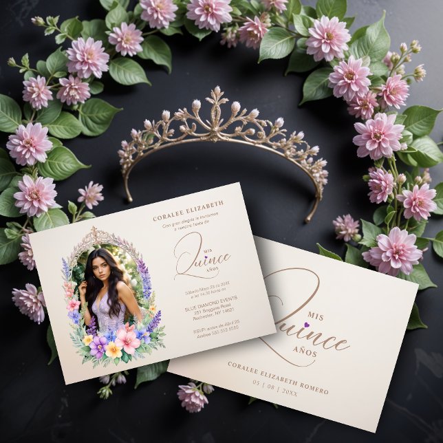 Invitación Quinceañera Romantic Glam Floral Ornate Arch  (Pastel Romantico Glam Floral Ornate Arch Photo Spanish Quinceañera Invitations Cards.)