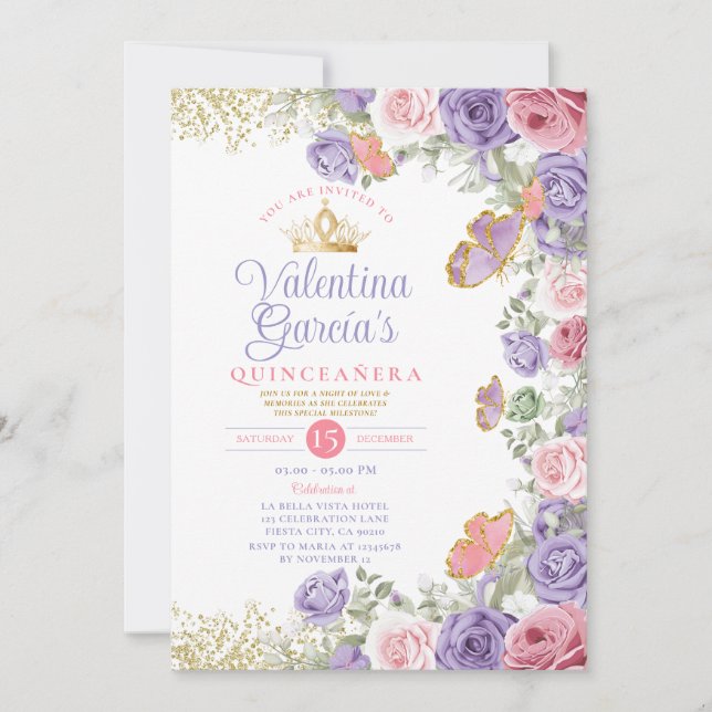 Invitación Quinceañera Rosa 15 Anos Flores Púrpura Corona de  (Anverso)