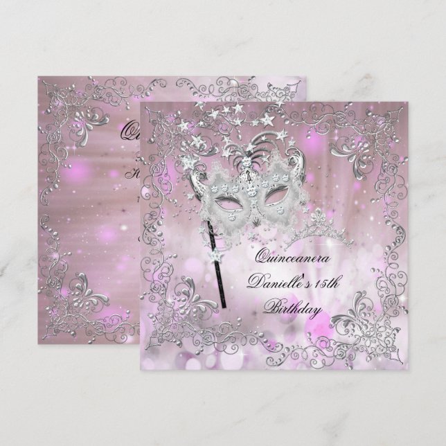 Invitación Quinceanera rosa 15 cumpleaños Mascarada de Tiara (Anverso / Reverso)