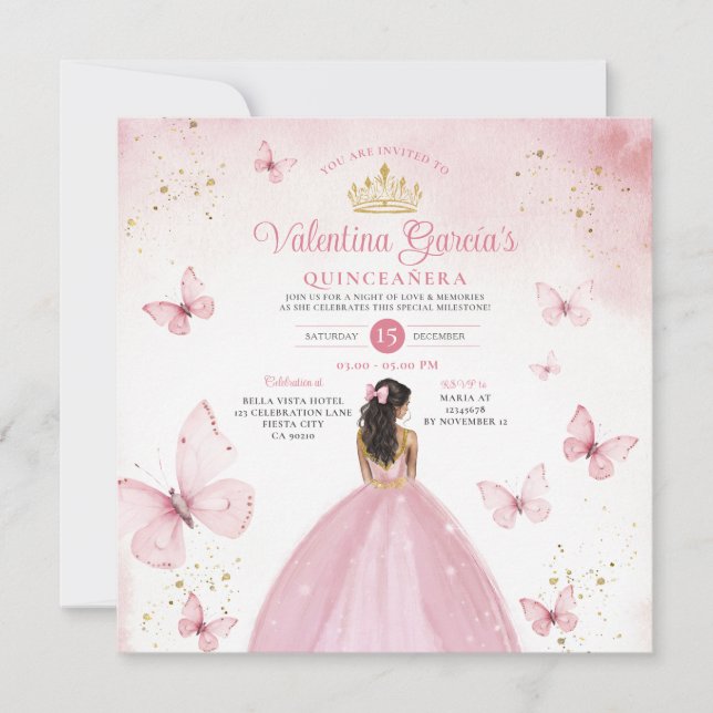 Invitación Quinceañera Rosa 15 Flores Anos Purpurina de Oro I (Anverso)