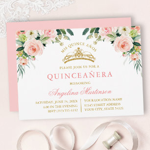 Invitación Quinceañera Rosa Blanca Floral Dorada Acuarela
