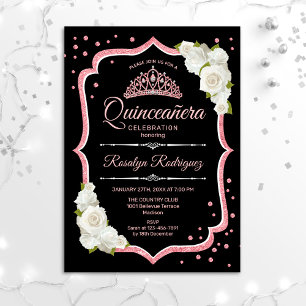 Invitación Quinceanera - Rosa blanco negro oro