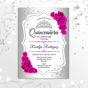 Invitación Quinceanera - Rosa blanco plateado