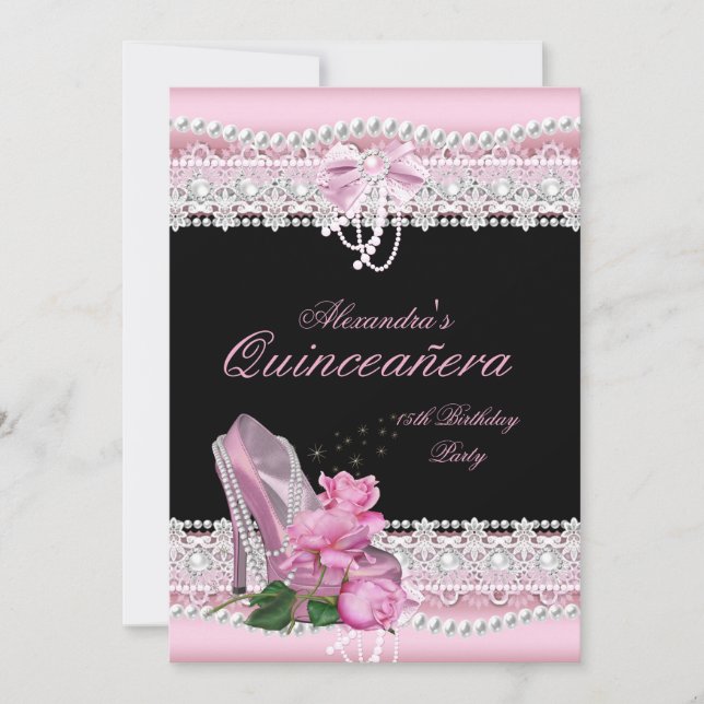 Invitación Quinceañera Rosa Bonito Blanco Rosa Tacón Alto 3 (Anverso)