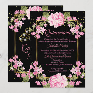 Invitación Quinceañera Rosa Bonito Floral Campestre Dorado Ne