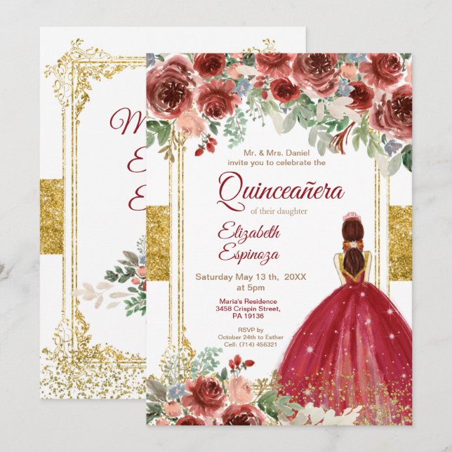 Invitación Quinceañera Rosa Borgoña Oro  (Anverso / Reverso)