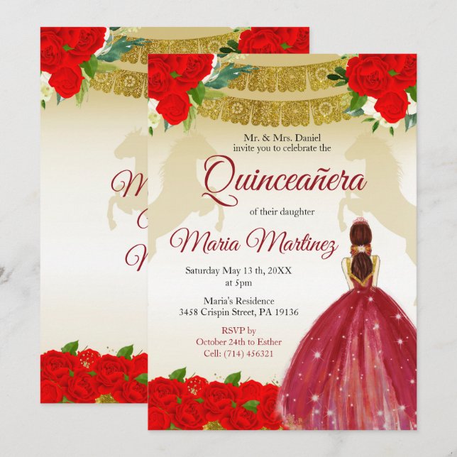 Invitación Quinceañera Rosa Borgoña Oro Cumpleaños Mexicano (Anverso / Reverso)