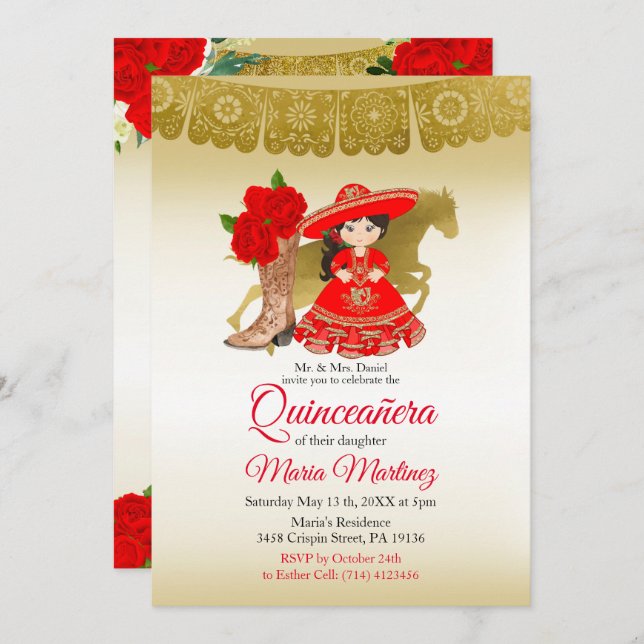 Invitación Quinceañera Rosa Borgoña Oro Cumpleaños Mexicano E (Anverso / Reverso)