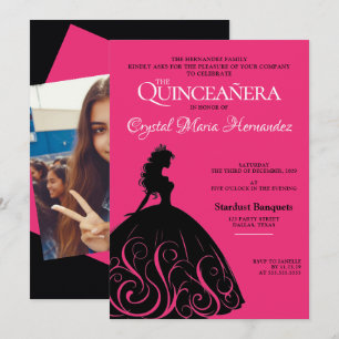Invitación Quinceañera rosa brillante y negro