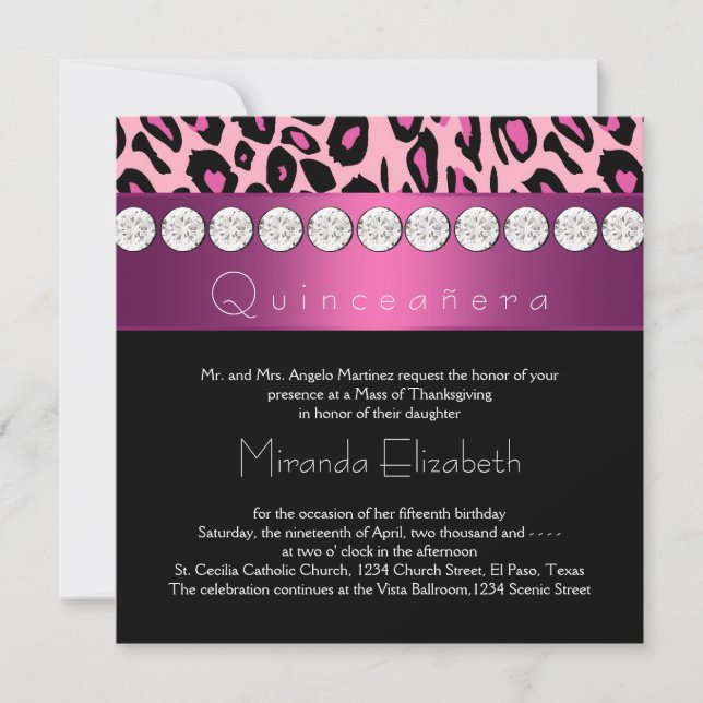 Invitación Quinceañera Rosa Caliente Leopardo (Anverso)