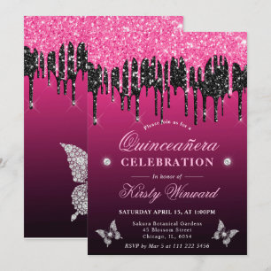 Invitación Quinceañera rosa caliente y negro con purpurina ch