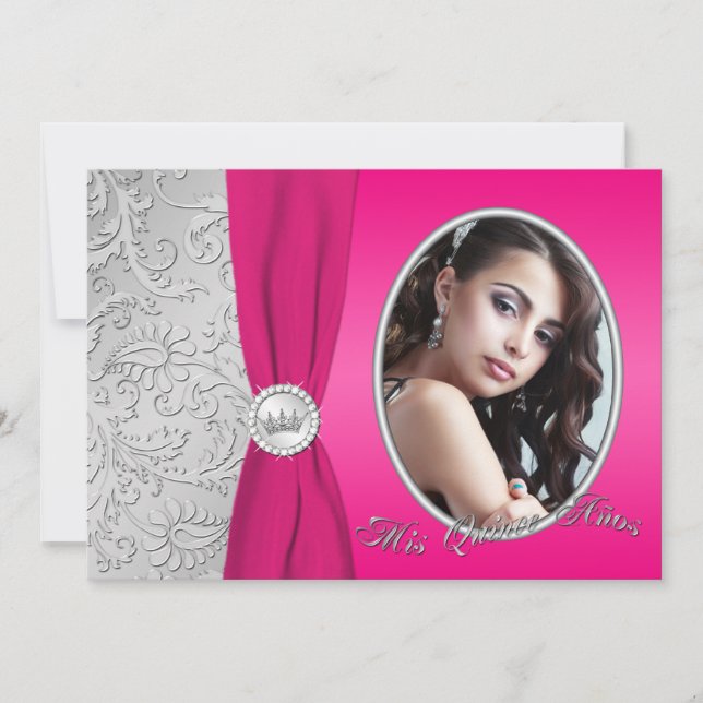 Invitación Quinceañera| Rosa caliente y plata| Foto (Anverso)