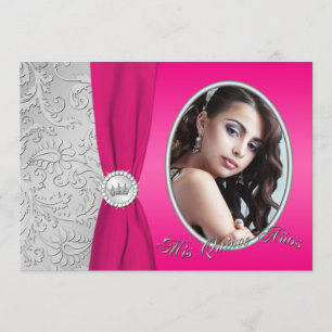 Invitación Quinceañera  Rosa caliente y plata  Foto