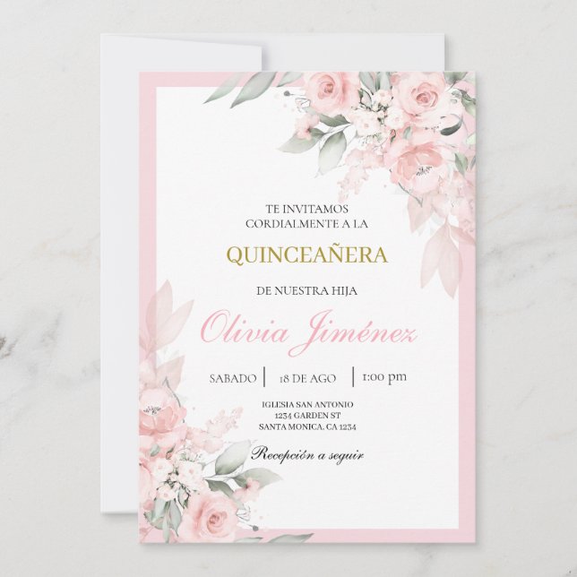 Invitación Quinceañera rosa claro (Anverso)