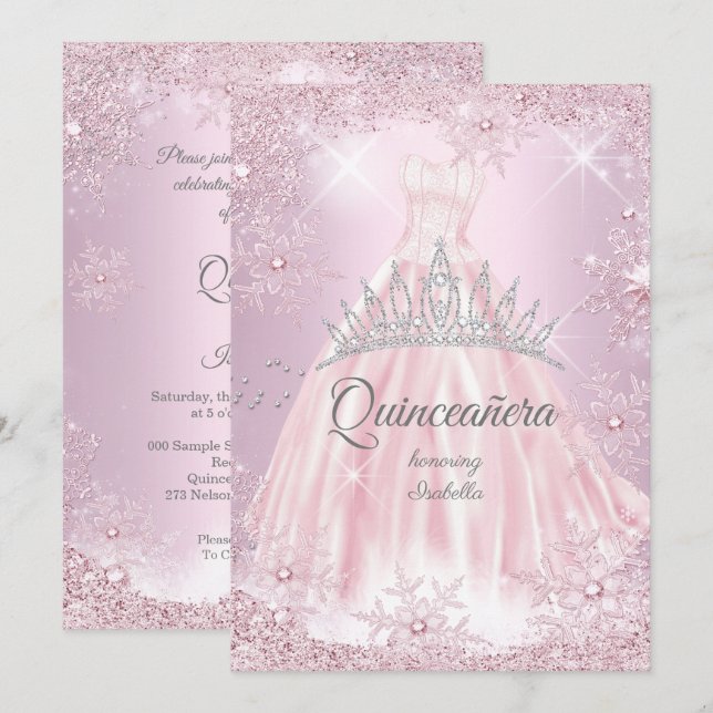 Invitación Quinceanera Rosa Copo de Nieve Vestido de Invierno (Anverso / Reverso)