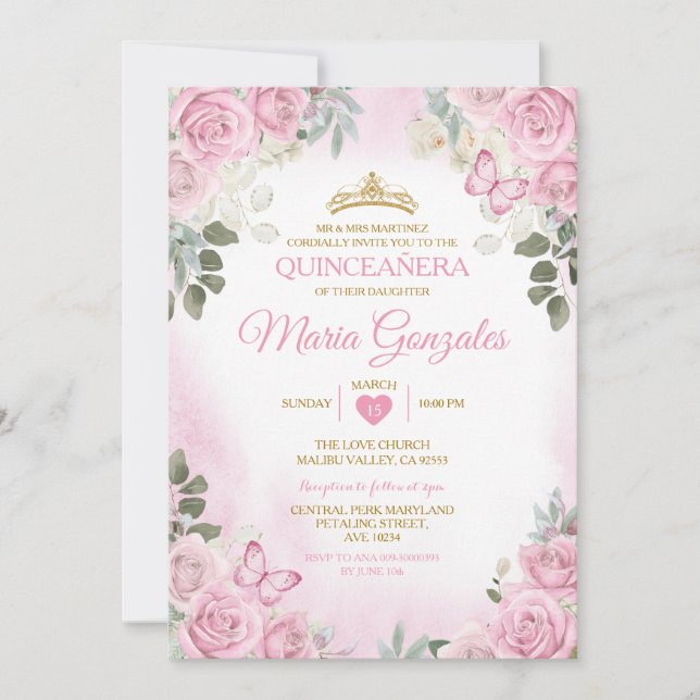 Invitación Quinceañera Rosa Corona de Oro Mariposa Mexicana (Anverso)
