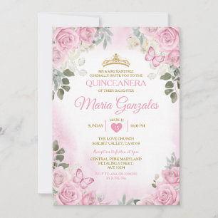 Invitación Quinceañera Rosa Corona de Oro Mariposa Mexicana