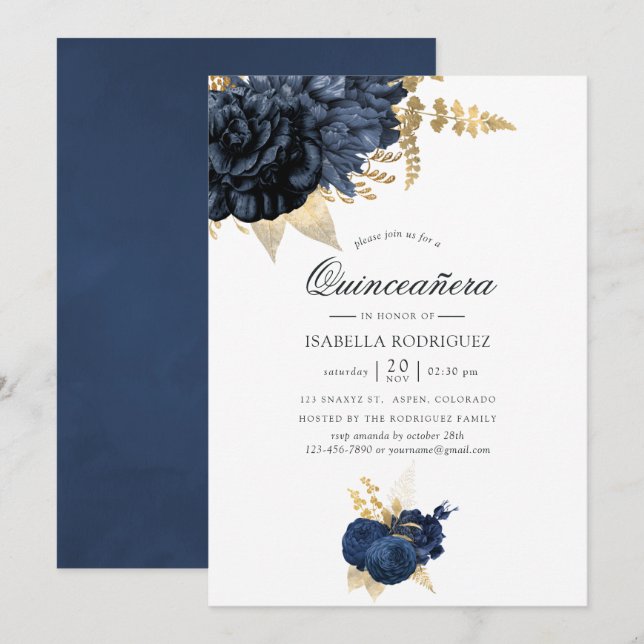 Invitación Quinceañera, Rosa de cosecha azul y oro de la mari (Anverso / Reverso)