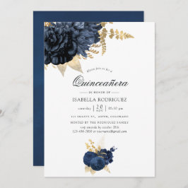 Invitación Quinceañera, Rosa de cosecha azul y oro de la mari