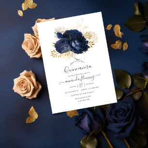 Invitación Quinceañera, Rosa de cosecha azul y oro de la mari