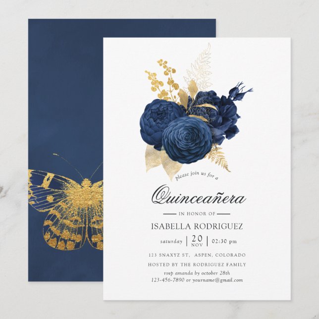 Invitación Quinceañera, Rosa de cosecha azul y oro de la mari (Anverso / Reverso)
