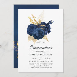 Invitación Quinceañera, Rosa de cosecha azul y oro de la mari