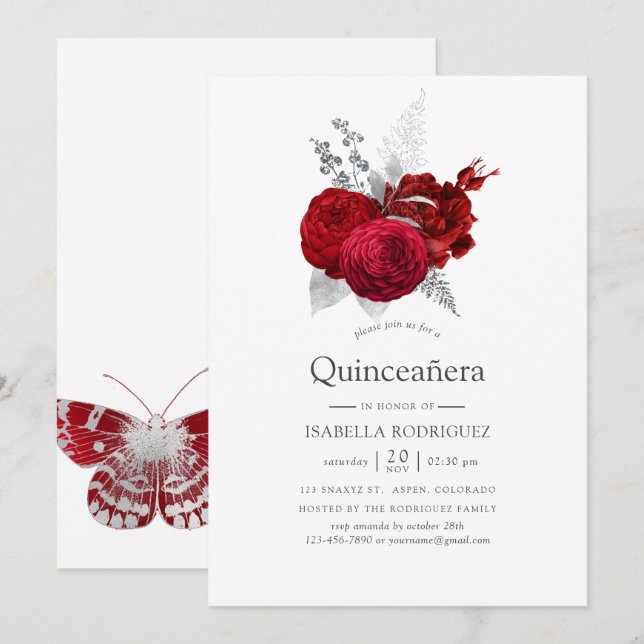 Invitación Quinceañera, Rosa de cosecha roja y plateada (Anverso / Reverso)