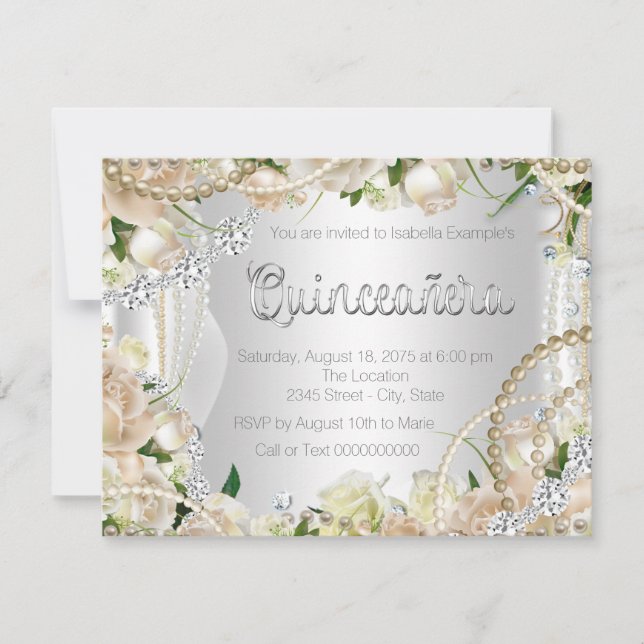 Invitación Quinceanera, Rosa de diamantes y perlas (Anverso)