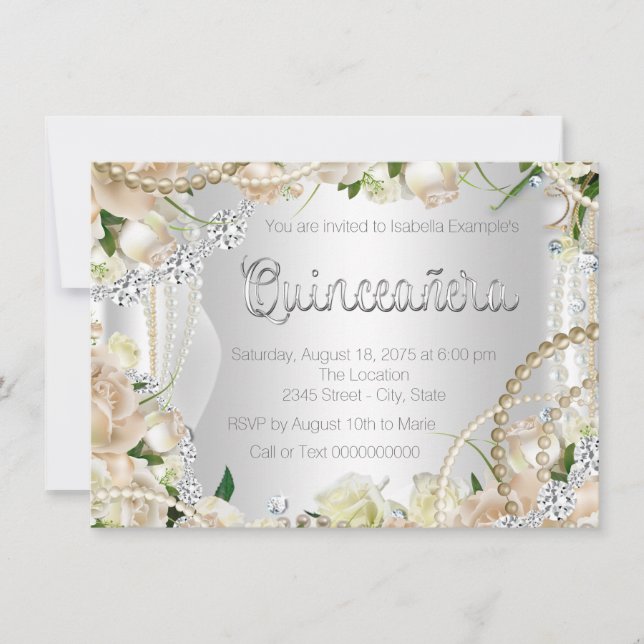 Invitación Quinceanera, Rosa de diamantes y perlas (Anverso)