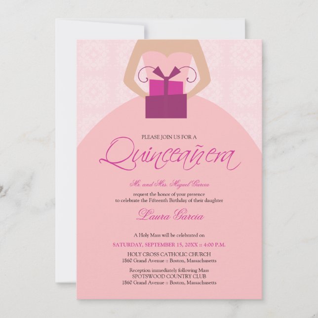 Invitación Quinceanera (rosa) de Fancy Ball Gown (Anverso)