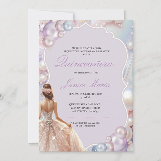 Invitación Quinceañera rosa de los sueños de la perla (Anverso)