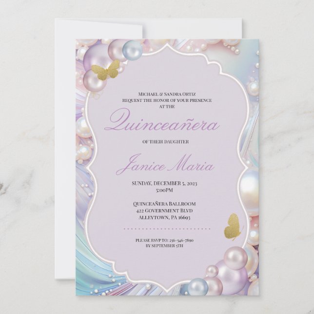 Invitación Quinceañera rosa de los sueños de la perla (Anverso)
