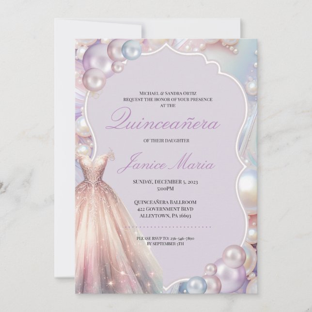 Invitación Quinceañera rosa de los sueños de la perla (Anverso)