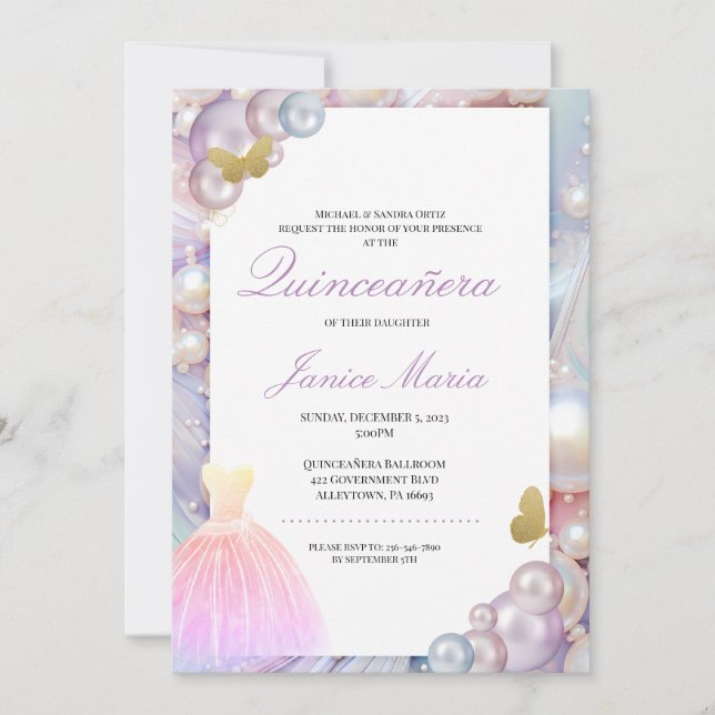 Invitación Quinceañera rosa de los sueños de la perla (Anverso)