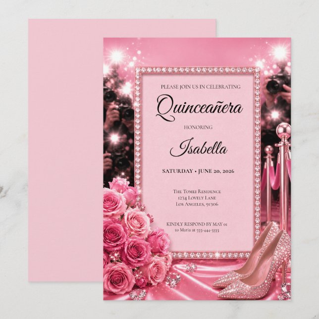 Invitación Quinceañera Rosa de Lujo (Anverso / Reverso)