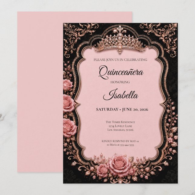 Invitación Quinceañera Rosa de Lujo (Anverso / Reverso)