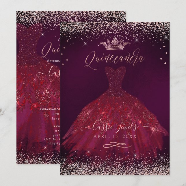 Invitación Quinceañera Rosa de oro de Borgoña Confetti+Prince (Anverso / Reverso)