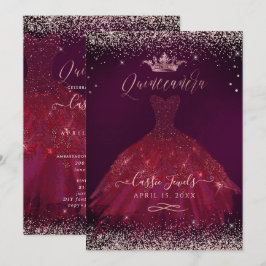 Invitación Quinceañera Rosa de oro de Borgoña Confetti+Prince