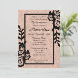 Invitación Quinceanera Rosa de oro y mariposa negra