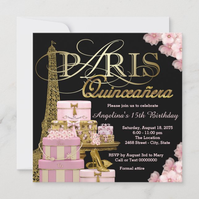 Invitación Quinceañera rosa de París (Anverso)