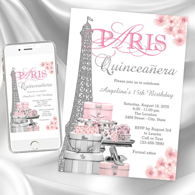 Invitación Quinceañera rosa de París (Paris Quinceanera invitations. Instant download and printed invitations available.)