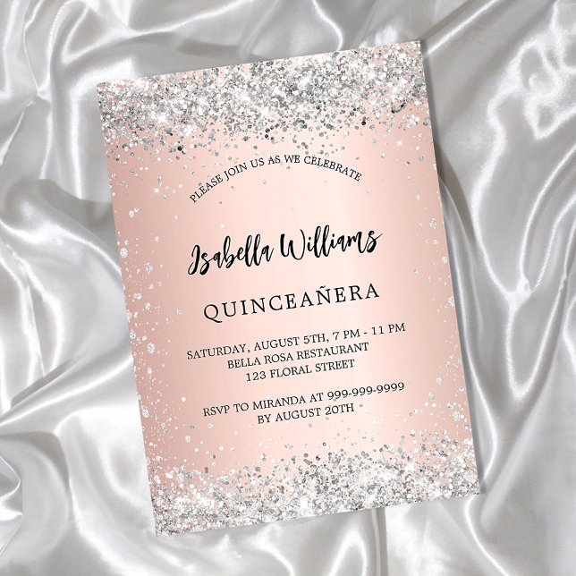 Invitación Quinceanera rosa de plata chispa de oro (Subido por el creador)