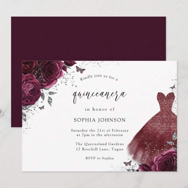 Invitación Quinceanera, Rosa de vestir con espuma de borgoña  (Anverso / Reverso)