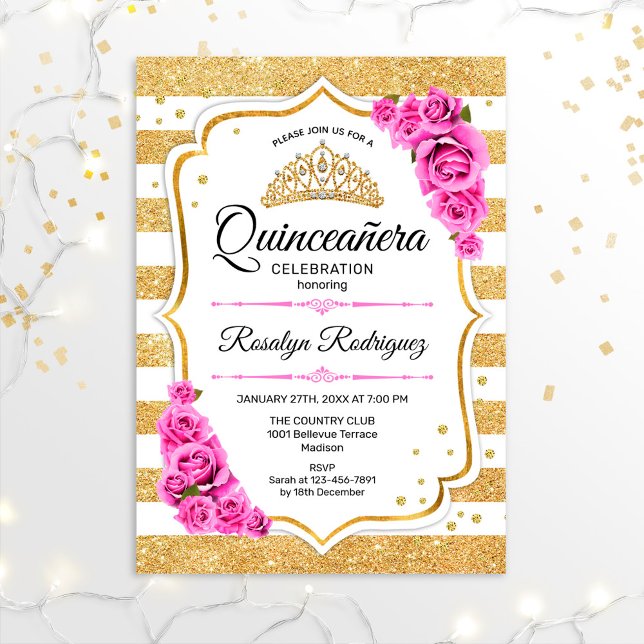 Invitación Quinceanera - Rosa del Pastel de Oro Blanco (Subido por el creador)